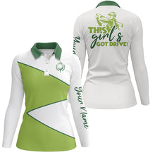 Load image into Gallery viewer, White and green Womens golf polo shirts custom name This girl 's got drive funny ladies golf tops NQS5317