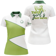 Load image into Gallery viewer, White and green Womens golf polo shirts custom name This girl 's got drive funny ladies golf tops NQS5317