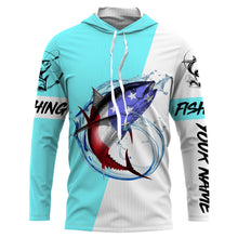 Load image into Gallery viewer, Tuna fishing American flag Custom Name long sleeve performance fishing shirt jerseys | Bright Sky Blue NQS3814