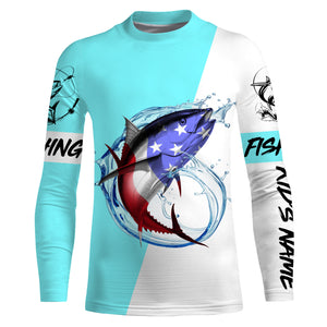 Tuna fishing American flag Custom Name long sleeve performance fishing shirt jerseys | Bright Sky Blue NQS3814