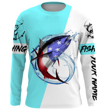 Load image into Gallery viewer, Tuna fishing American flag Custom Name long sleeve performance fishing shirt jerseys | Bright Sky Blue NQS3814