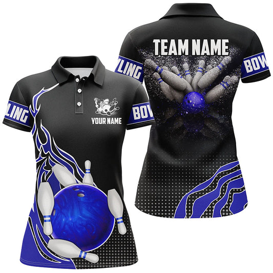 Blue and black Bowling polo shirts for women custom Bowling ball pins Team League Jerseys bowl gifts NQS6252