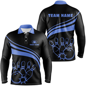 Personalized black bowling polo shirts for men, custom men's bowling shirt team bowling jerseys | Blue NQS6924