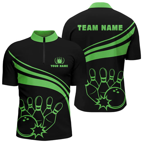 Personalized bowling Quarter Zip shirts for men, black men's bowling shirt team bowl jersey | Green NQS6925