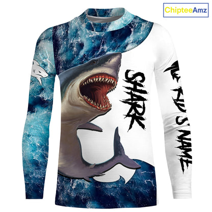 Shark Fishing blue ocean sea wave camo Custom long sleeve performance fishing jerseys shirts NQS3368