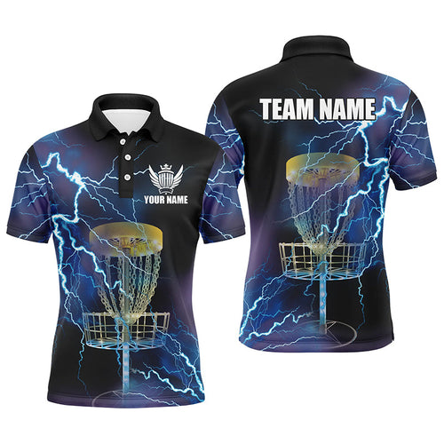 Mens disc golf polo shirts custom blue lightning thunder disc golf basket team disco golf outfit NQS6265