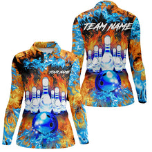 Load image into Gallery viewer, Flame bowling ball and pins Bowling Polo Shirts For Women Custom blue fire bowling Team League Jerseys NQS6738
