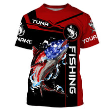 Load image into Gallery viewer, Tuna fishing American flag patriotic Custom Name men&#39;s performance Fishing Shirts, fishing apparel NQS3279