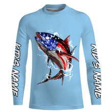 Load image into Gallery viewer, Tuna fishing American flag custom name sun protection long sleeve fishing shirts jerseys | Sky Blue NQS3852