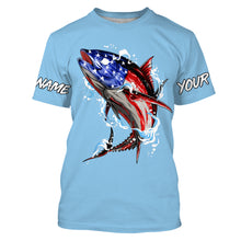 Load image into Gallery viewer, Tuna fishing American flag custom name sun protection long sleeve fishing shirts jerseys | Sky Blue NQS3852