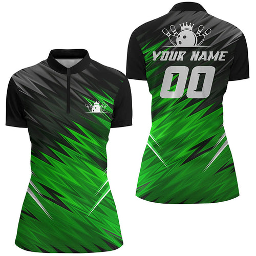 Green and black Womens Quarter Zip shirts custom name bowling shirts for women, team bowling jerseys NQS6476