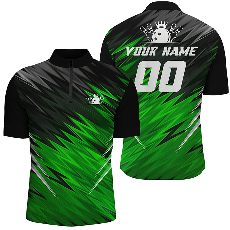 Green and black Mens Quarter Zip shirts custom name bowling shirts for men, team bowling jerseys NQS6476