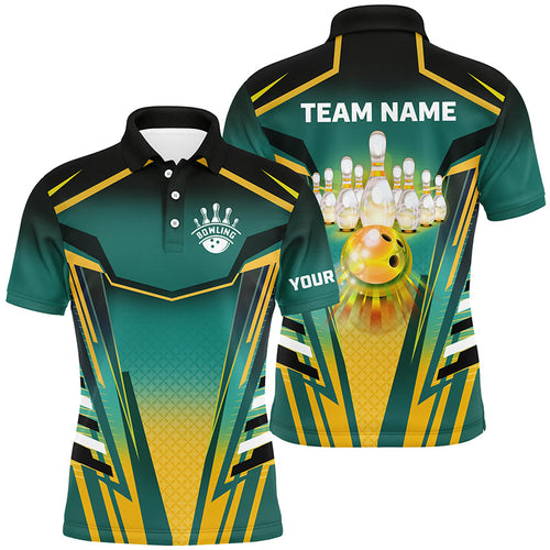 Mens Bowling polo shirts Custom green and yellow Bowling ball pins Team Jerseys bowling apparel NQS7106