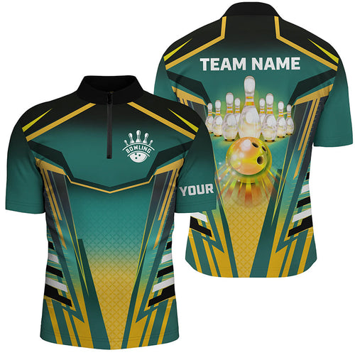 Men bowling Quarter Zip shirts Custom green and yellow Bowling ball pins Team Jerseys bowling apparel NQS7106