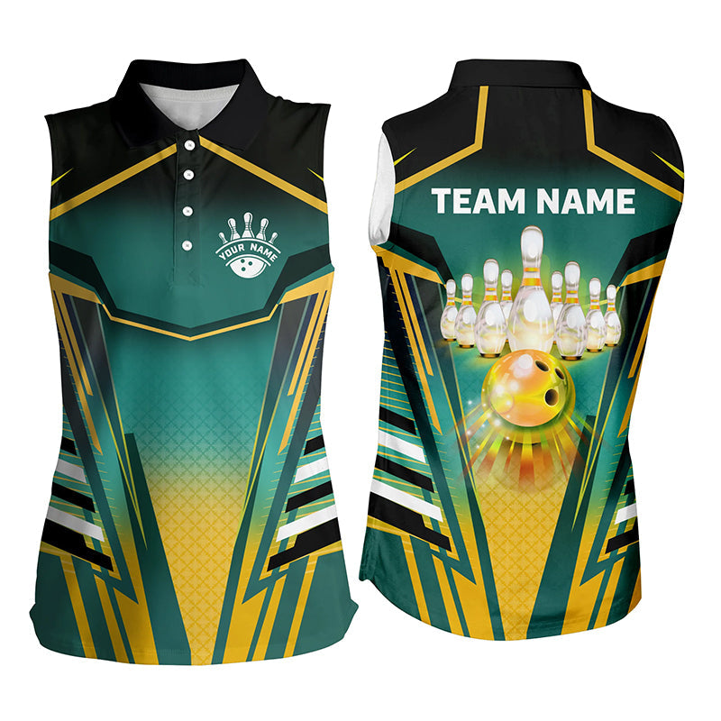 Women sleeveless polo shirts Custom green and yellow Bowling ball pins Team Jerseys bowling apparel NQS7106