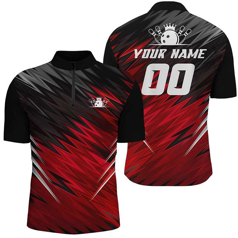 Red and black Mens Quarter Zip shirts custom name bowling shirts for men, team bowling jerseys NQS5137