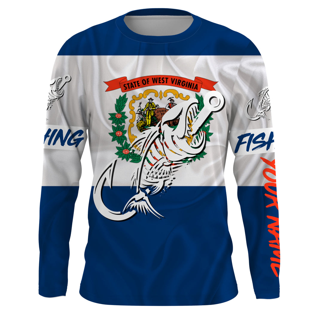 WV West Virginia Fishing Flag Fish hook skull Custom sun protection fishing shirts for men, women, kid NQS3412