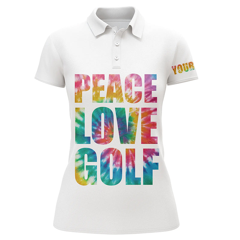 Womens golf polo shirts custom name tie dye peace love golf, personalized golf shirts for women NQS5159