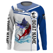 Load image into Gallery viewer, Sailfish Fishing American Flag Custom name and boat name performance Long Sleeve Fishing Shirts, Patriotic Fishing gifts NQS2339