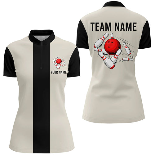 Personalized Beige Black Retro Bowling Quarter Zip shirt For women custom vintage bowling team jerseys NQS7000