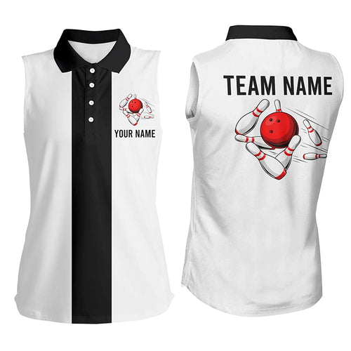 Personalized White & Black Retro Bowling sleeveless polo shirt For women, vintage bowling team jerseys NQS7001