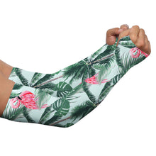 Load image into Gallery viewer, Golf Arm Sleeves long fingerless gloves  with Pink flamingos tropical palm leaves NQS3712