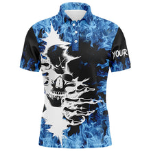 Load image into Gallery viewer, Black Mens golf polo shirt custom blue fire skull golf shirts, personalized golf gifts NQS6544