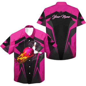 Personalized Hawaiian bowling shirts Flame Bowling Ball and Pins, bowling shirt for men bowlers | Pink NQS7014