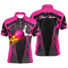 Load image into Gallery viewer, Personalized Mens polo Shirt Flame Bowling Ball Pins, bowling jerseys for bowlers | Pink NQS7014
