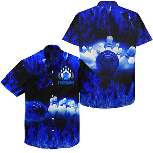 Blue flame hawaiian bowling shirts, Personalized men's bowling team button up bowling shirts NQS5199