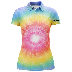 Womens golf polo shirts with rainbow coloured tie dye painted custom name pattern golf shirt for women NQS4660