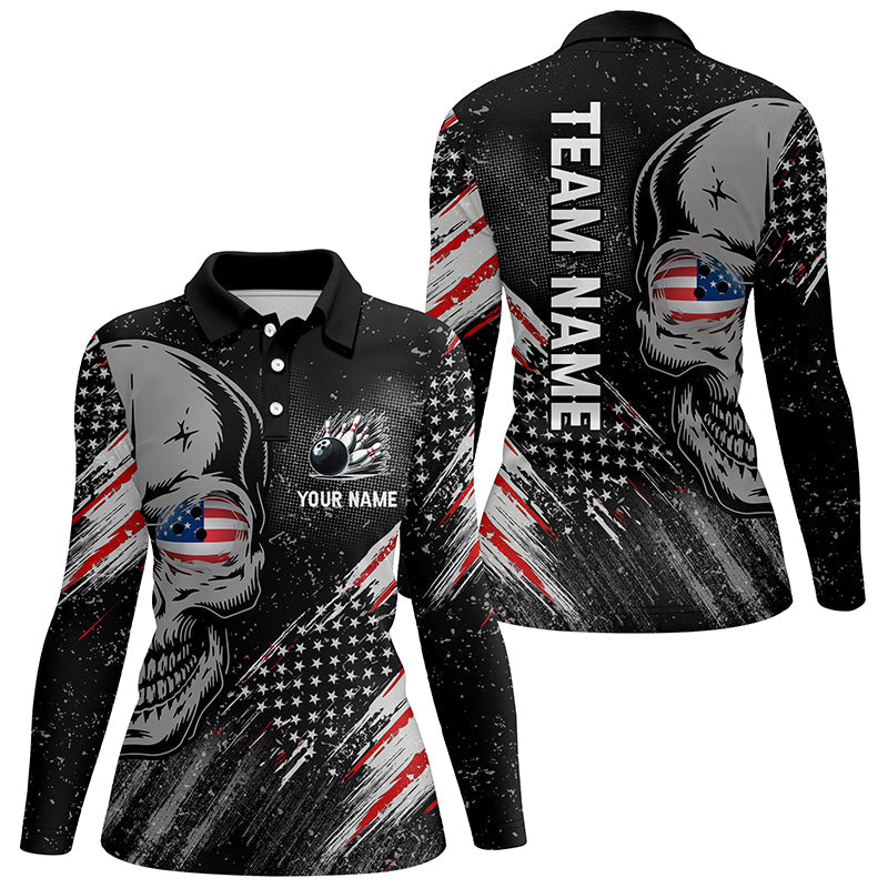 Black American flag retro bowling league jerseys custom skull Women Bowling Polo Shirts, bowler gifts NQS7158