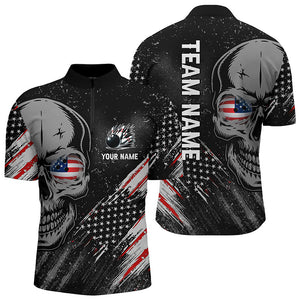 Black American flag retro bowling league jerseys custom skull Men Bowling Quarter Zip Shirts NQS7158