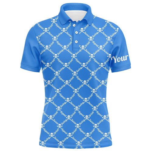 Mens golf polo shirt swing swear drink repeat golf skull custom name golf wear for mens | Blue NQS4885