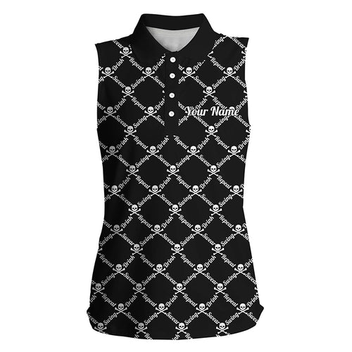 Womens sleeveless polo shirt swing swear drink repeat golf skull custom name golf shirt women | Black NQS4885