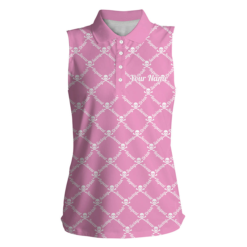 Womens sleeveless polo shirt swing swear drink repeat golf skull custom name golf shirt women | Pink NQS4885