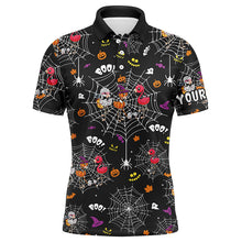 Load image into Gallery viewer, Funny mens golf polo shirts orange black Halloween spider web background custom Flamingo golf friends NQS6348