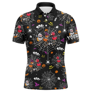 Funny mens golf polo shirts orange black Halloween spider web background custom Flamingo golf friends NQS6348