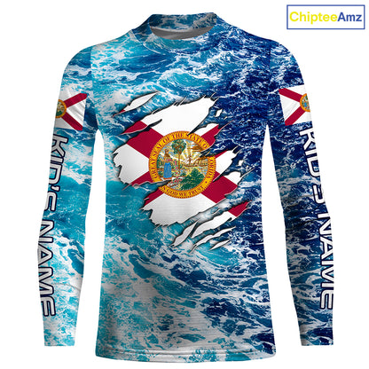 Blue sea wave ocean camo Florida flag shirt Custom sun protection fishing fishing long sleeve shirts NQS3455