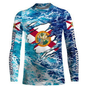 Blue sea wave ocean camo Florida flag shirt Custom sun protection fishing fishing long sleeve shirts NQS3455