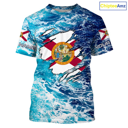 Blue sea wave ocean camo Florida flag shirt Custom sun protection fishing fishing long sleeve shirts NQS3455