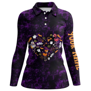 Women golf polo shirt purple camo Halloween background custom Flamingo golf friends NQS6363