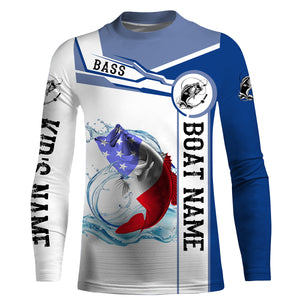 Largemouth Bass Fishing American Flag Custom name and boat name performance Long Sleeve Fishing Shirts, Patriotic Fishing gifts NQS2351