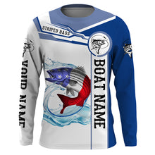 Load image into Gallery viewer, Striped Bass Fishing American Flag Custom name and boat name performance Long Sleeve Fishing Shirts, Patriotic Fishing gifts NQS2352