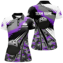 Load image into Gallery viewer, Womens bowling polo shirts Custom black ball purple camo Bowling Team Jersey, gift for Bowlers NQS6572