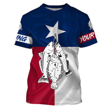 Load image into Gallery viewer, Texas slam redfish, speckled trout, flounder fishing Texas flag patriotic Custom name UV protection performance fishing shirt NQS2618