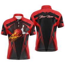 Load image into Gallery viewer, Personalized Men Bowling Polo Shirt Flame Bowling Ball and Pins, bowling polo for men bowlers | Red NQS4526