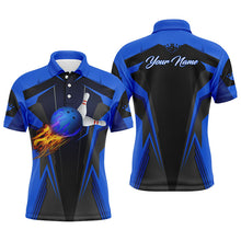 Load image into Gallery viewer, Personalized Men Bowling Polo Shirt Flame Bowling Ball and Pins, bowling polo for men bowlers | Blue NQS4527