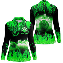 Load image into Gallery viewer, Green flame Women bowling polo shirts, Personalized Team league bowling shirts female bowling uniform NQS6367