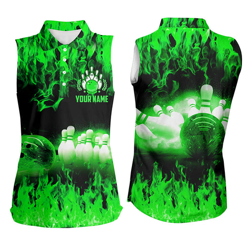 Green flame Women bowling sleeveless polo shirts, Personalized Team bowling female bowling uniform NQS6367